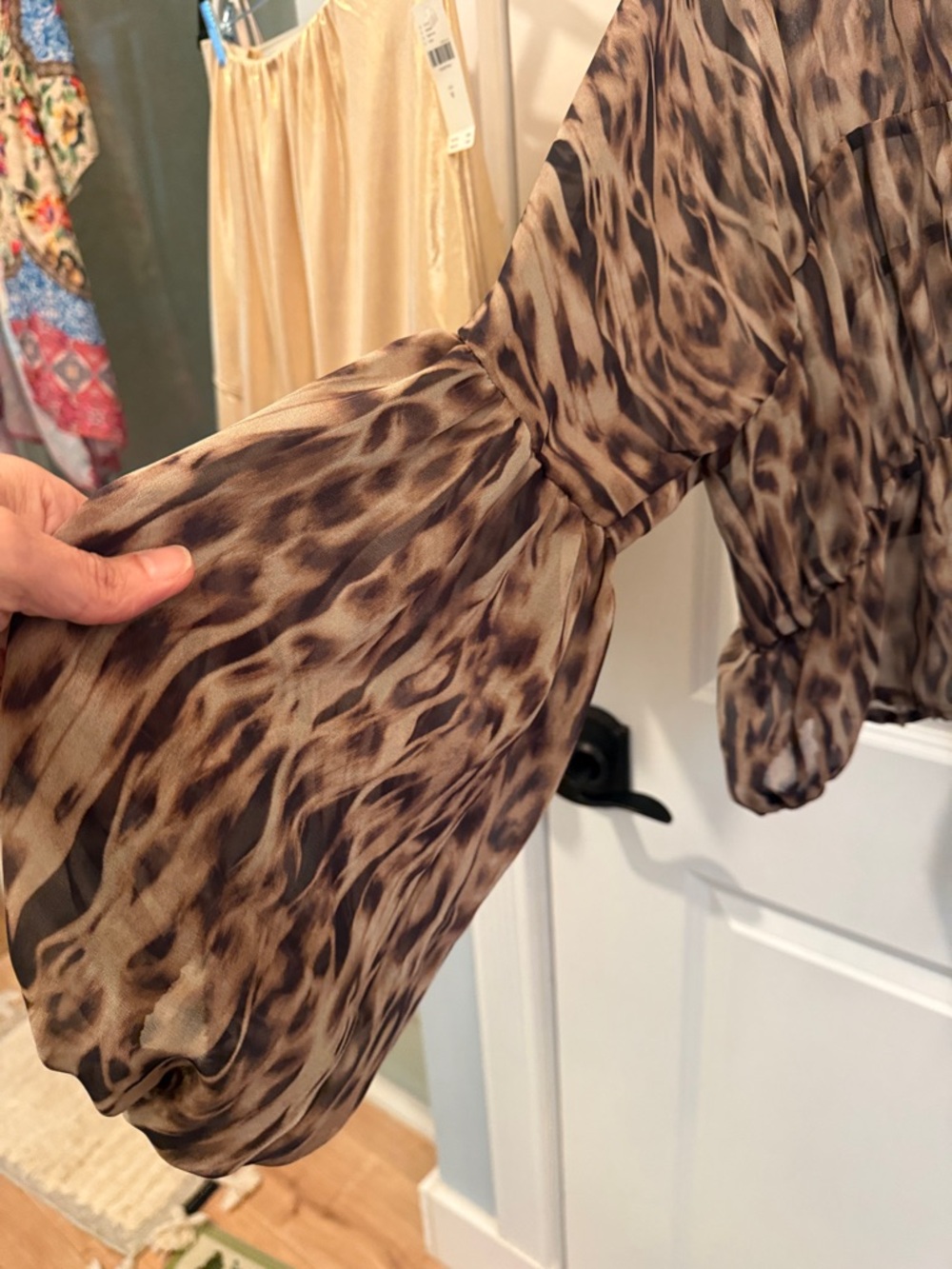 12th Tribe Leopard Print Ruffled V-Neck Blouse in Brown and Tan - Picture 3 of 16